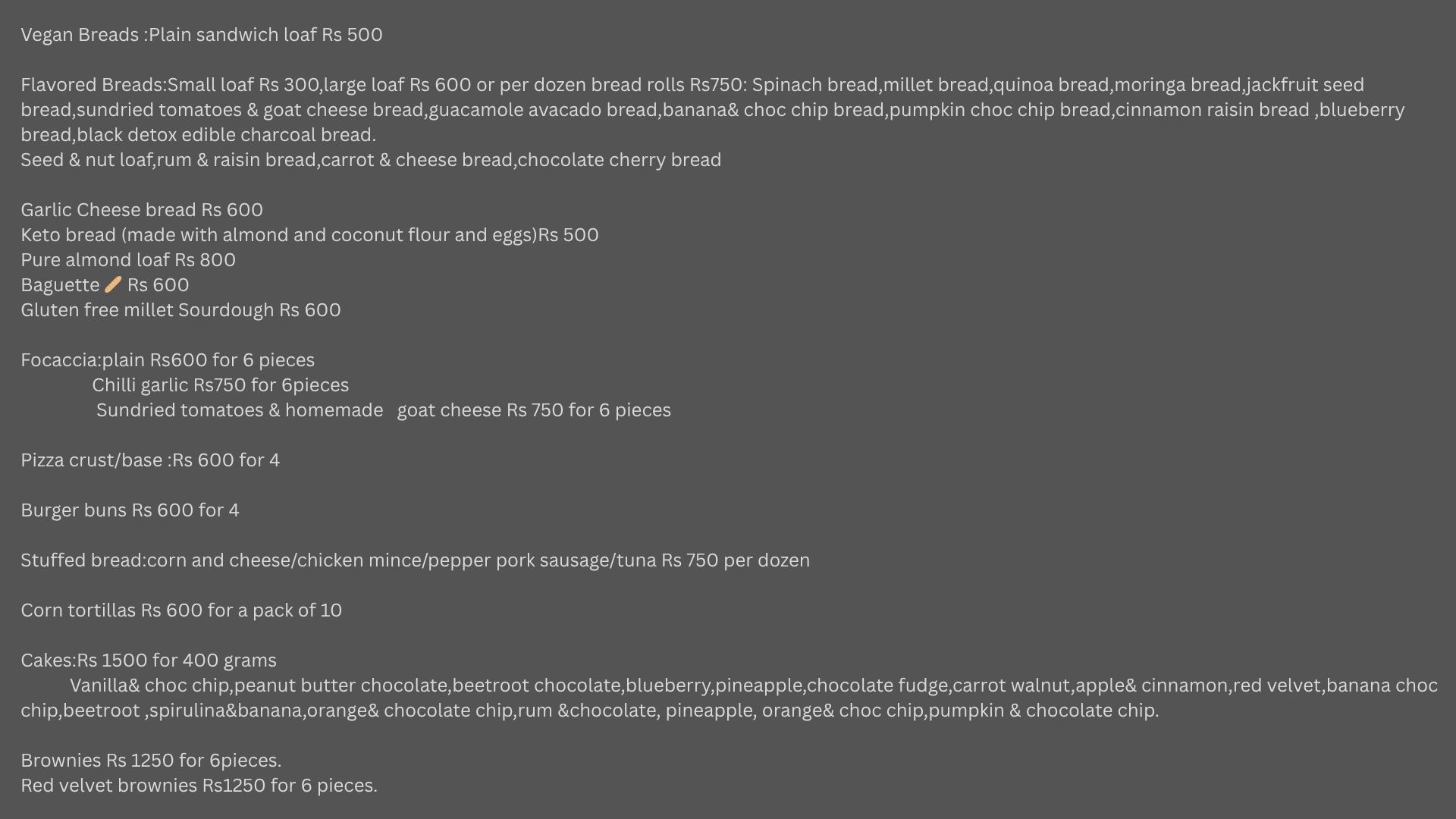 Breads and Cakes Menu