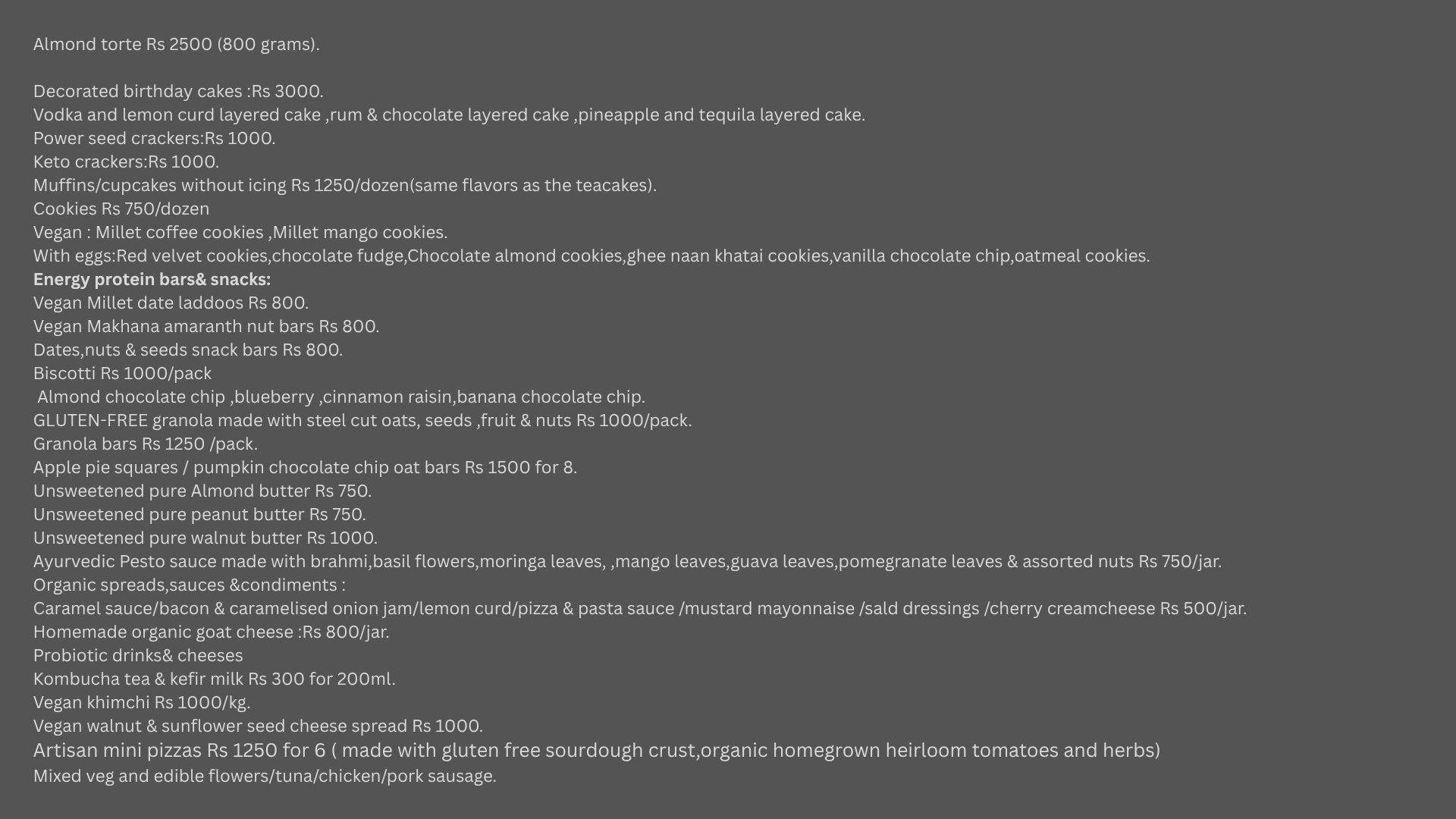 Snacks and Condiments Menu